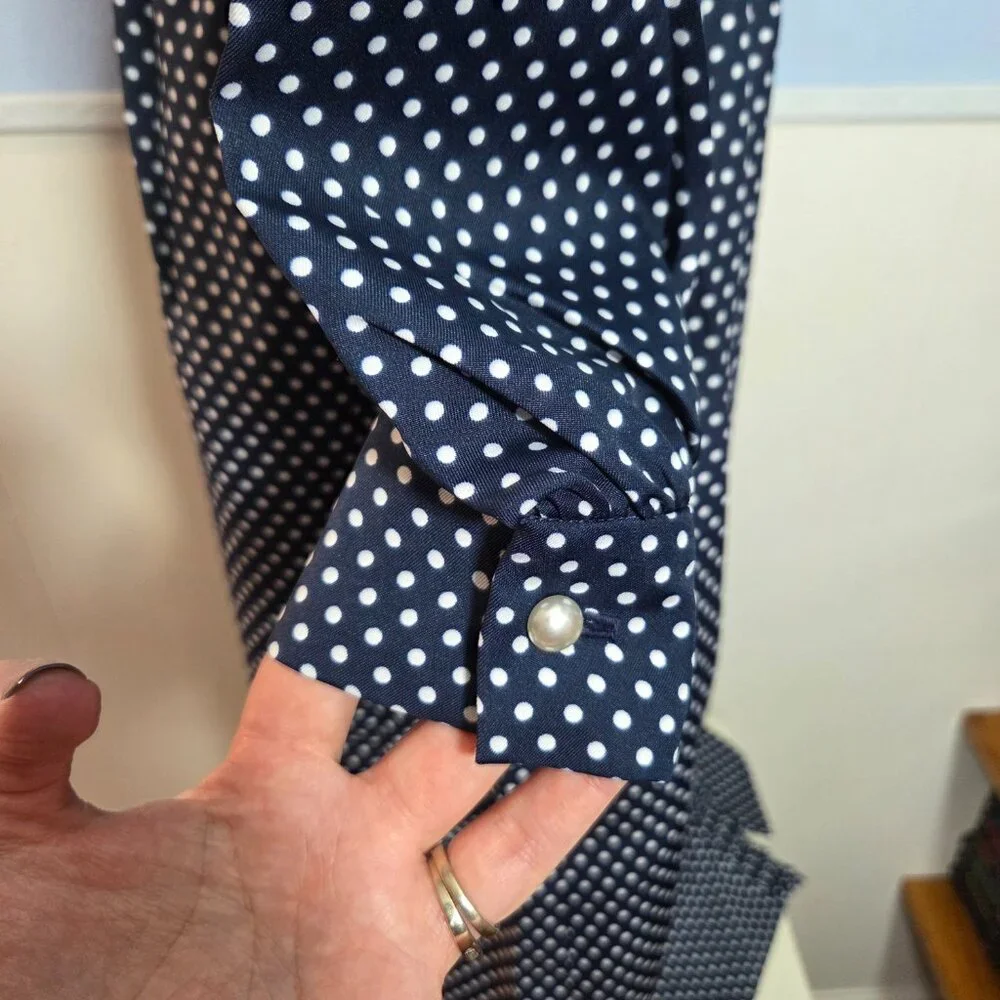 Vintage Abe Schrader Size 10 Navy Blue Polka Dot Peal Ruffle Long Dress - Picture 6 of 9